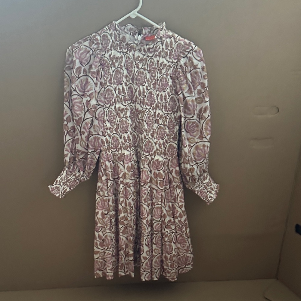 Oliphant Pink Floral Smocked Long-Sleeve Mini Dress